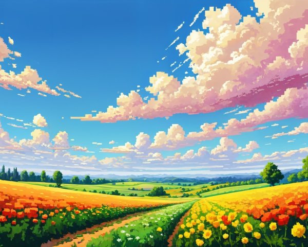 Vibrant Pixel-Art Landscape with Colorful Flowers