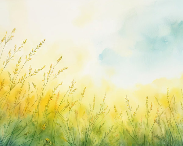 Watercolor Landscape of a Sunlit Grass Field