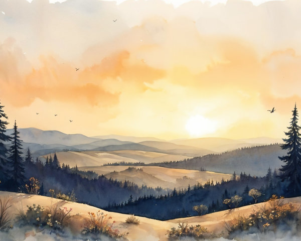 Serene landscape of rolling hills and sunset hues