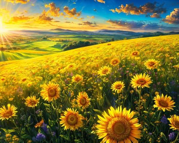 Vibrant Sunflower Field at Sunset with Rolling Hills
