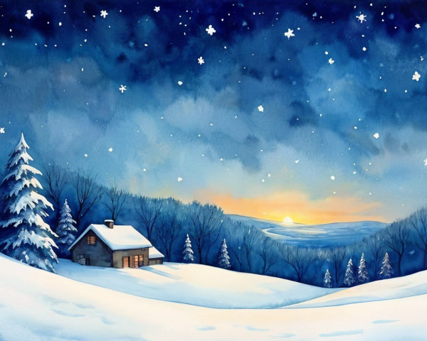 Cozy Cottage in Snowy Landscape at Dawn