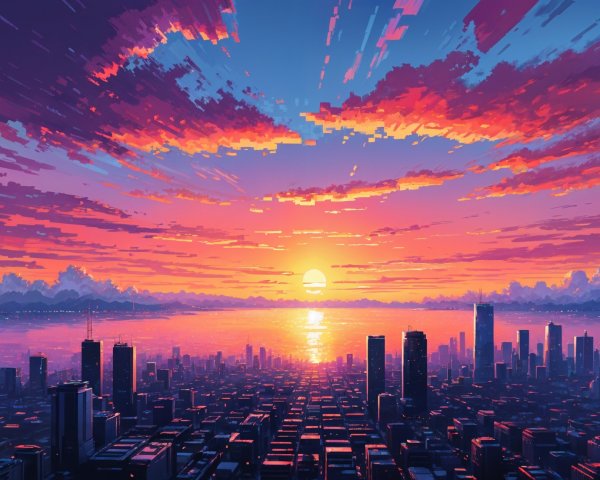 Vibrant Pixel Art Cityscape at Sunset with Reflections