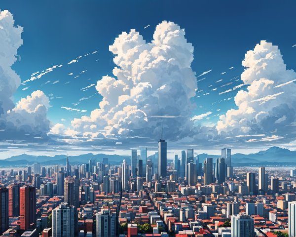 Vibrant Pixel Art Cityscape Under Blue Sky