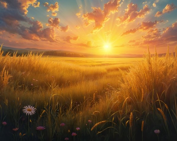 Serene Landscape of Golden Field at Vibrant Sunset