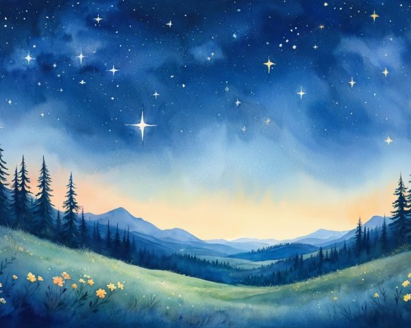 Serene Landscape with Starlit Sky and Mountains