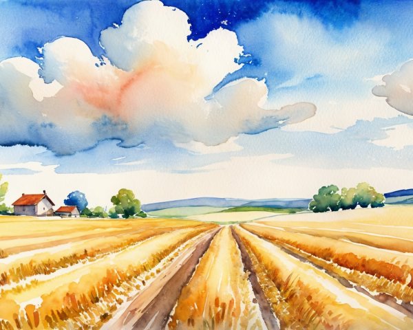 Watercolor Landscape of Golden Fields and Hills