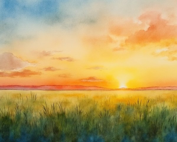 Serene Watercolor Landscape with Vibrant Sunset