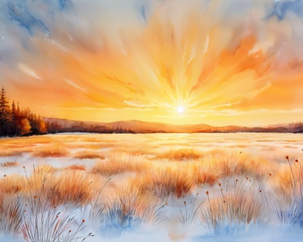 Golden Sunset Over Snow-Covered Field Landscape