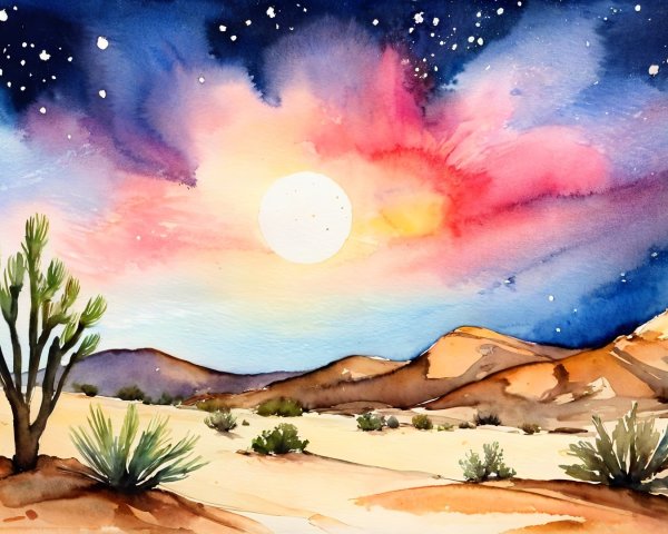 Vibrant Watercolor of Desert Landscape at Sunset
