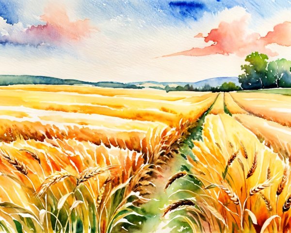 Vibrant Watercolor Landscape of Wheat Fields and Sky