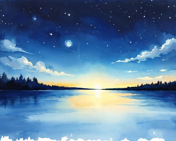 Tranquil Lake Landscape at Sunset with Stars and Moon
