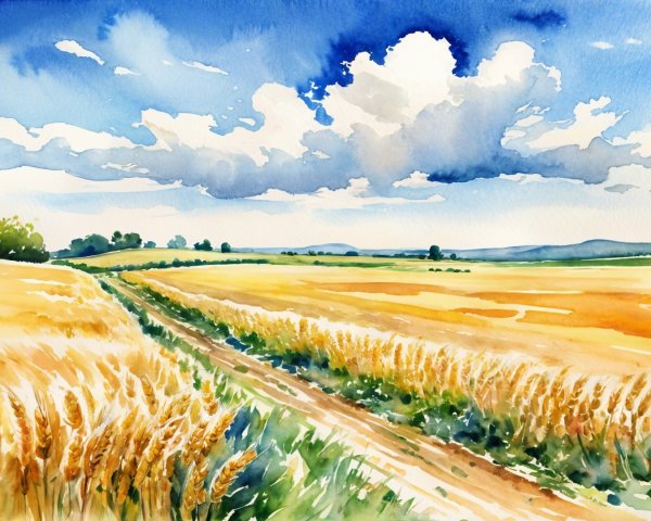 Golden Wheat Fields Under Blue Sky Landscape