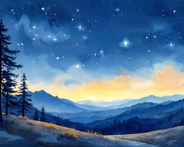 Serene Dusk Landscape with Mountains and Starry Sky