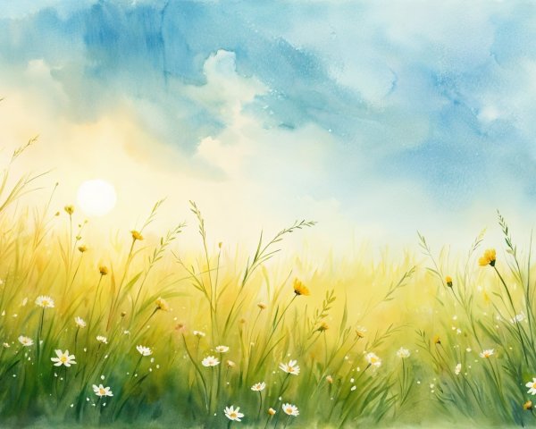 Sunlit Meadow with Green Grass and Colorful Flowers