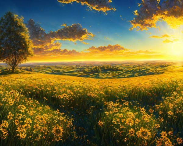Vibrant Sunrise Landscape with Golden Flowers and Hills