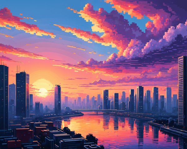 Pixel Art Scene of Sunset Over a Cityscape