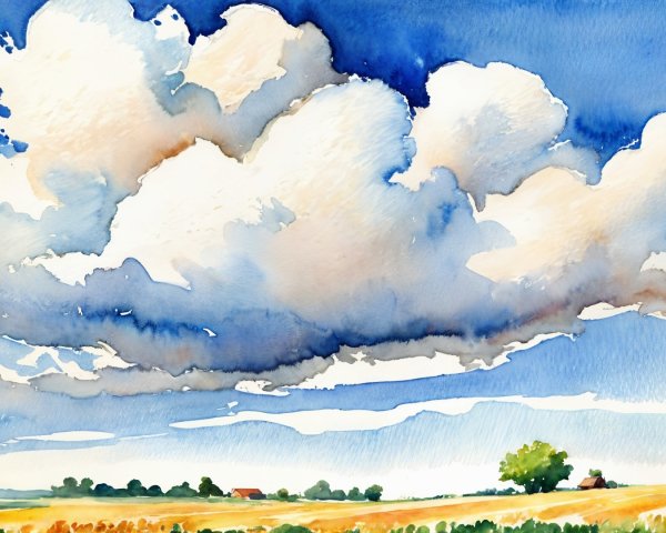 Watercolor Landscape with Blue Sky and Golden Fields