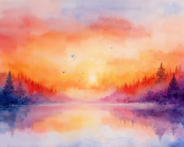 Tranquil Lake at Sunset in Soft Watercolors