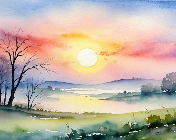 Tranquil Sunset Landscape with Silhouetted Trees
