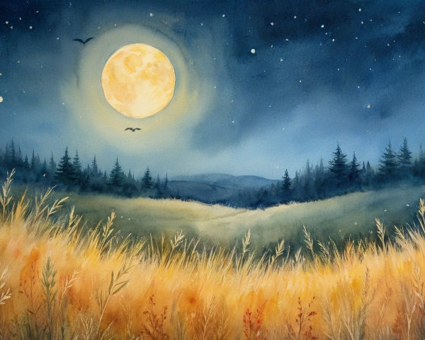 Tranquil Evening Landscape with Full Moon and Grasses
