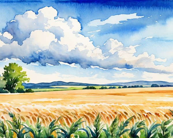 Serene Watercolor of Wheat Field and Green Cornlines