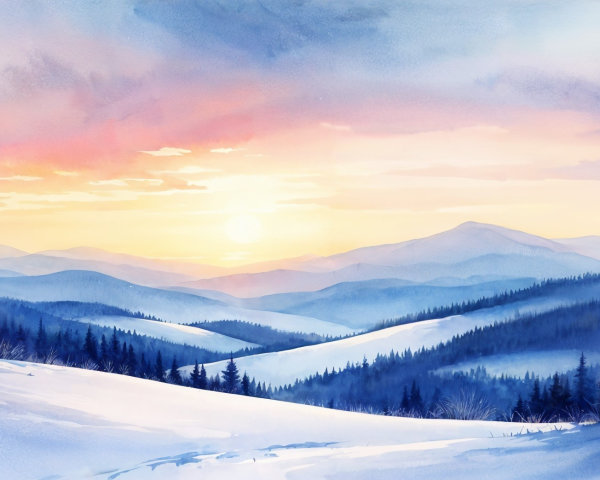 Serene Winter Landscape with Snowy Hills and Sunrise
