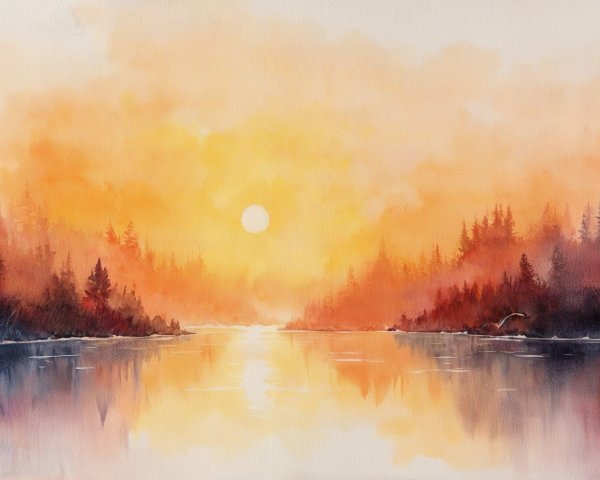 Serene Sunset Landscape with Vibrant Orange Sky