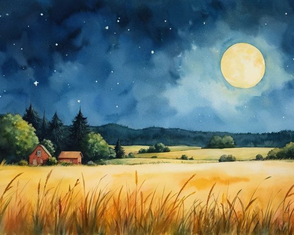 Serene Night Landscape with Moon and Wheat Fields
