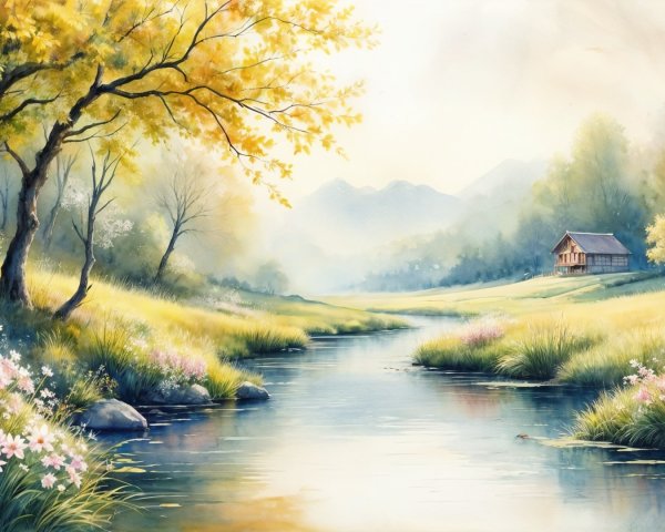 Serene River Landscape with Lush Meadows and Cabin