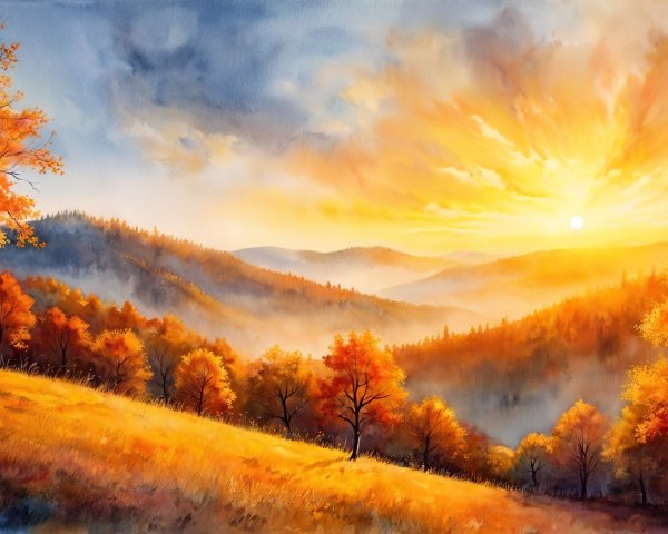 Vibrant Autumn Landscape with Rolling Hills and Mist