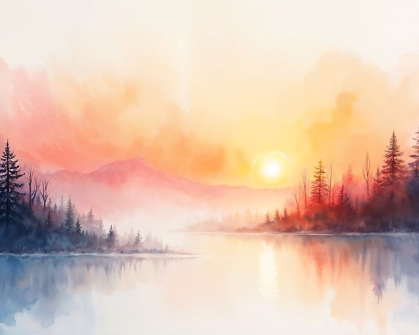 Serene Sunrise Landscape with Reflective Lake and Trees