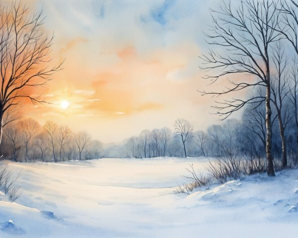 Tranquil Winter Landscape with Snow and Sunset Sky
