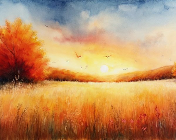 Serene Autumn Landscape with Vibrant Sunset Hues