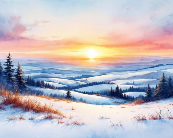 Serene Winter Landscape with Snow-Covered Hills