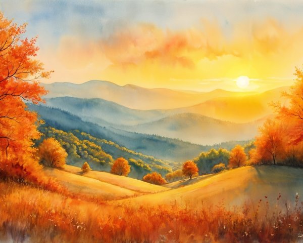 Serene Autumn Landscape with Vibrant Trees and Hills