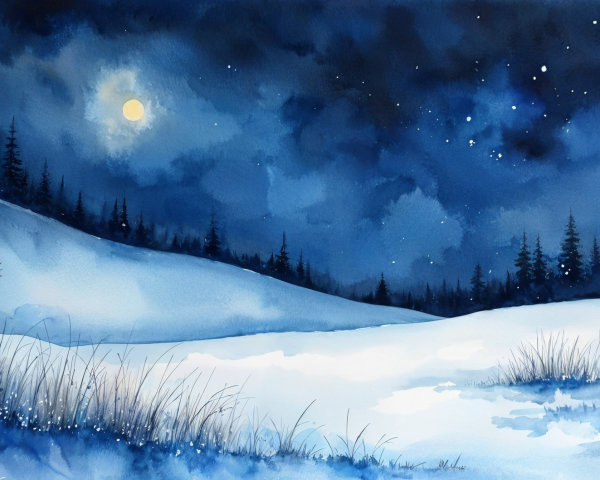 Serene Winter Landscape with Moonlit Snowy Hillside