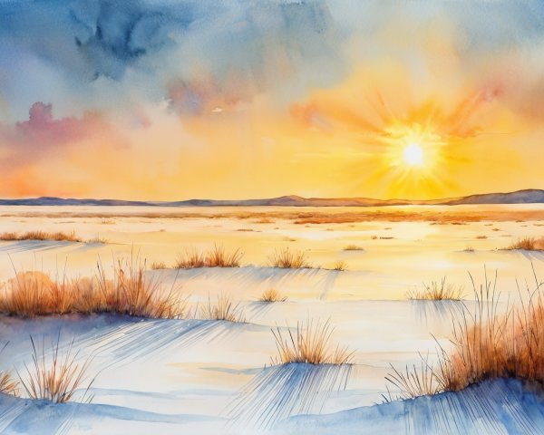 Watercolor Landscape of a Desert at Sunset