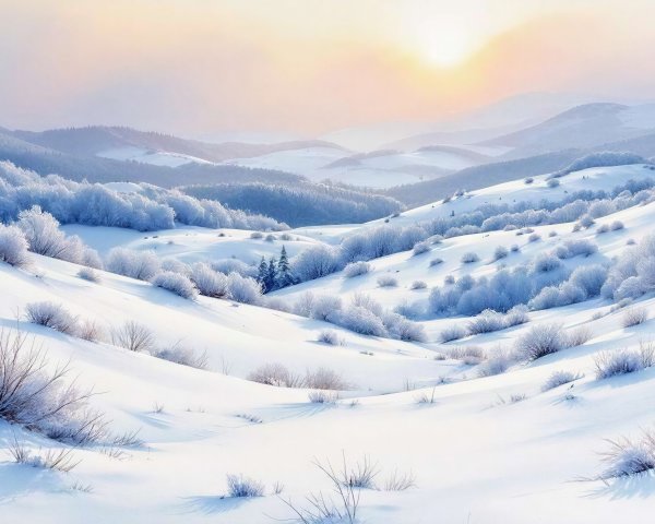 Winter Landscape of Snow-Covered Hills at Sunrise