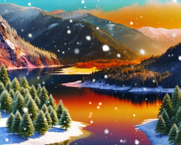 Winter Landscape with Snow-Capped Mountains and Lake