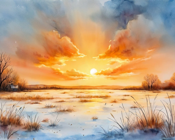 Serene Winter Landscape at Sunset with Frozen Lake