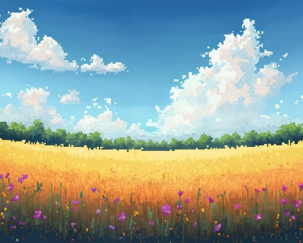 Pixel Art Landscape of Golden Field and Blue Sky