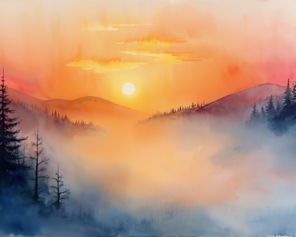 Serene Sunset Landscape with Hills and Evergreen Trees