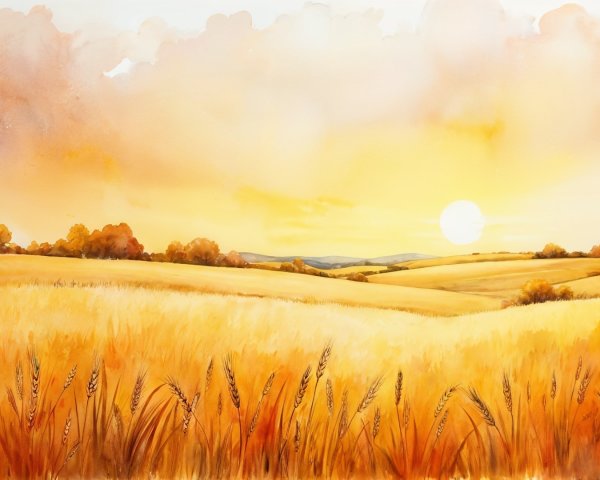 Golden Wheat Fields at Sunset with Rolling Hills