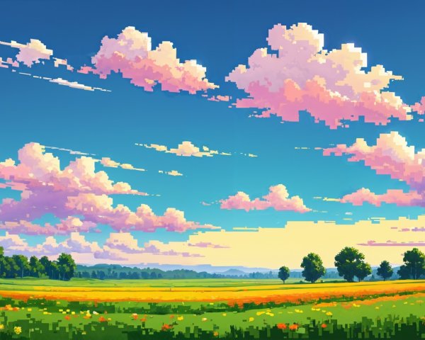 Vibrant Pixel Art Landscape with Flowers and Hills