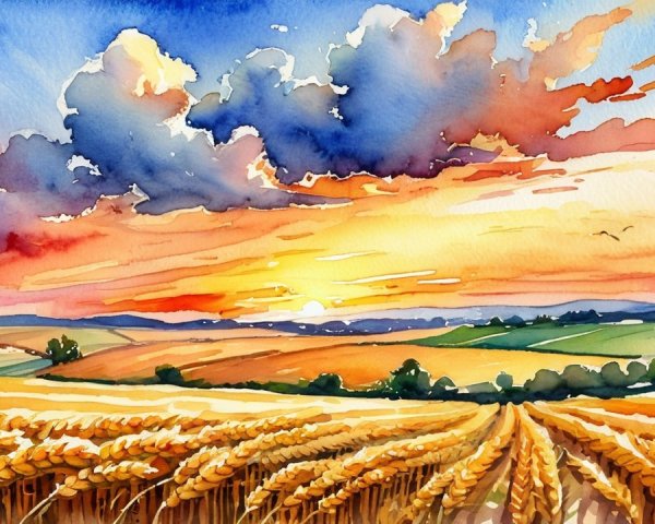 Vibrant Watercolor Landscape of Wheat Field at Sunset
