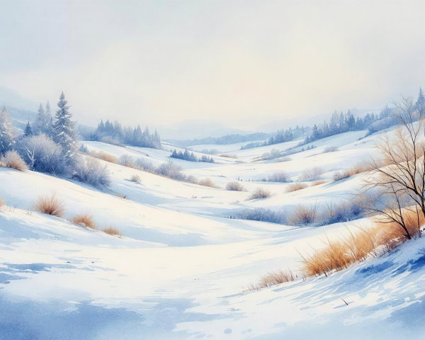 Winter Landscape with Snow-Covered Hills and Trees