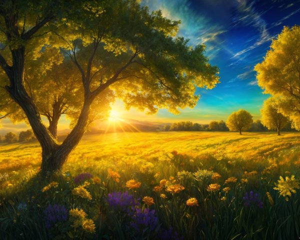 Vibrant Landscape with Golden Sunlight and Wildflowers
