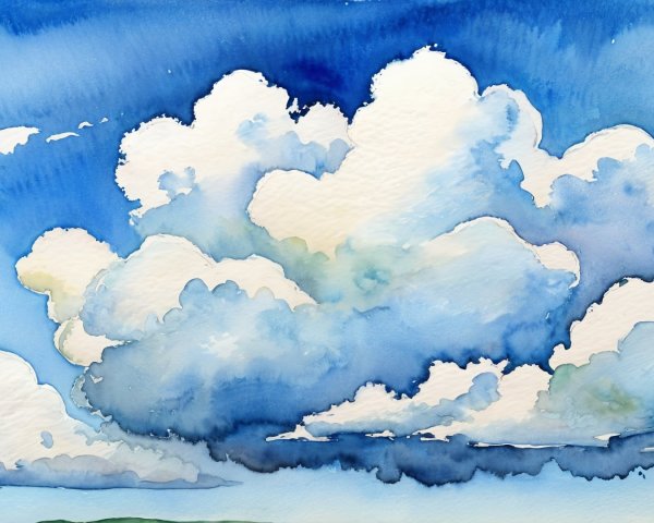 Vibrant Watercolor of Blue Sky and Fluffy Clouds