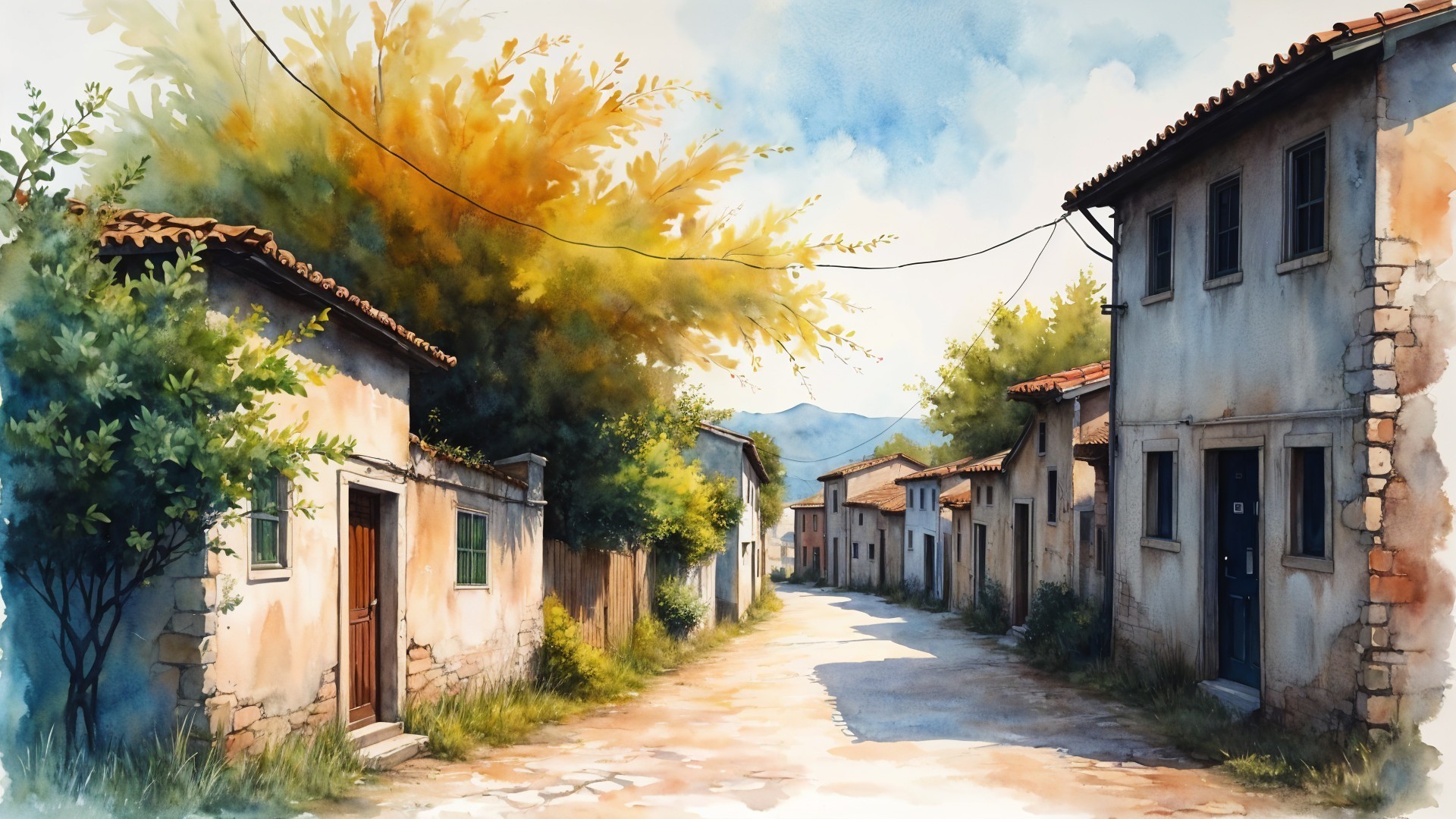 Serene Village Scene with Rustic Architecture and Nature