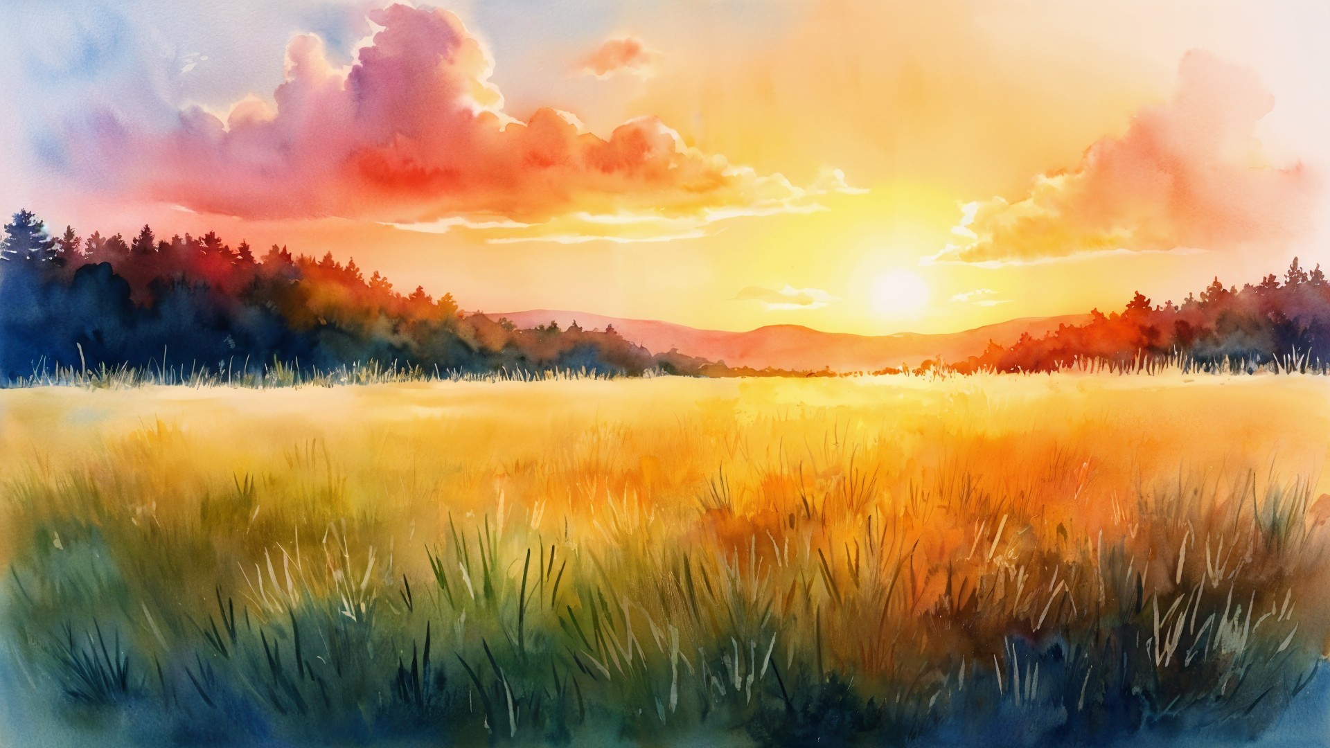Serene sunset landscape with warm hues and greenery